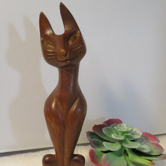 Vintage Mid-Century MCM Wood Siamese Cat Sculpture Figure Figurine - Picture 1 of 9